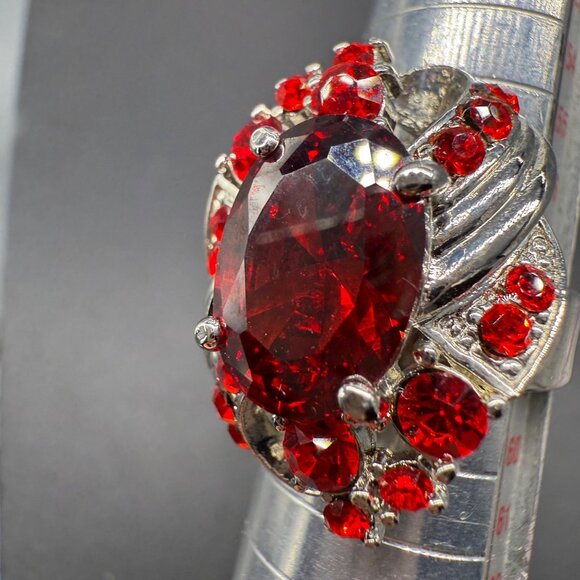 Garnet & Faux Ruby Silver-Plated Cocktail Ring Size 8 Adjustable - Picture 4 of 5